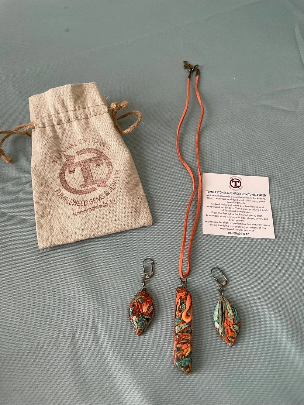 Handmade Arizona Tumbleweed Orange Teal Multicolor Pendant & Earrings Set